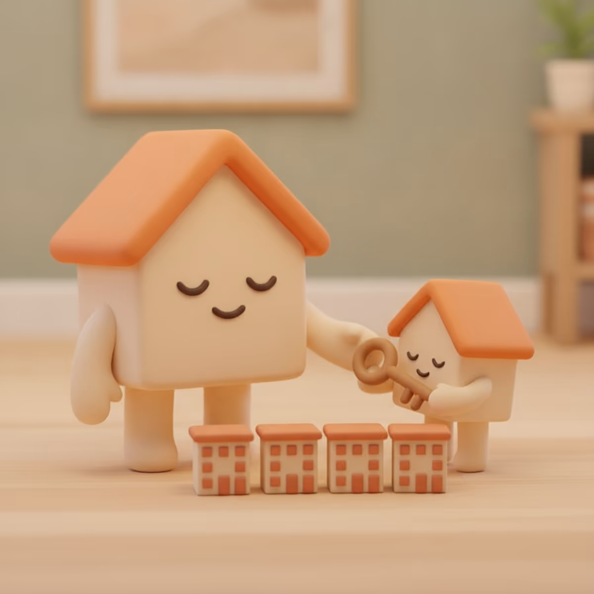 Bobbo, Bofrid's house mascot, handing a key to a smaller house character